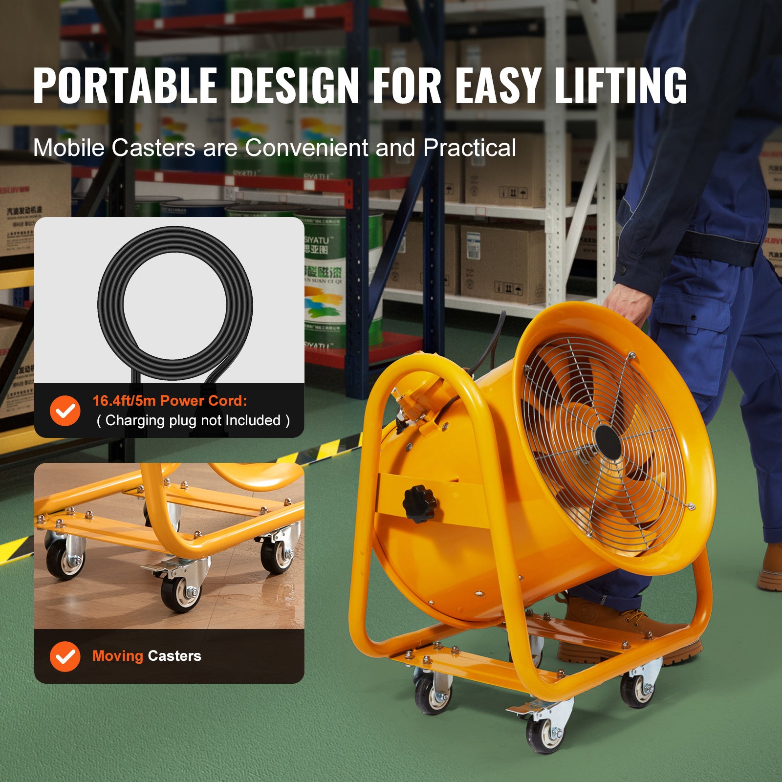 VEVOR Portable Ventilator, 12"/16" Heavy Duty Cylinder Fan, 550W/1100W Powerful Exhaust Fan, 2500CFM/4240CFM, 9.8ft/16.4ft Power Cord (No Charging Head), Industrial Dust & Smoke Blower, for Home/Workplace