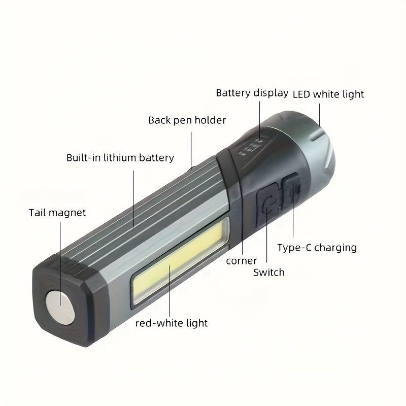 Multifunctional High Strength Flashlight 90° Rotatable Foldable Handheld Work Light Portable Type-C Rechargeable 7 Lighting Modes Magnetic Side COB 18650 Flashlight with 1500mAh Battery Camping Gear Outdoor Lighting