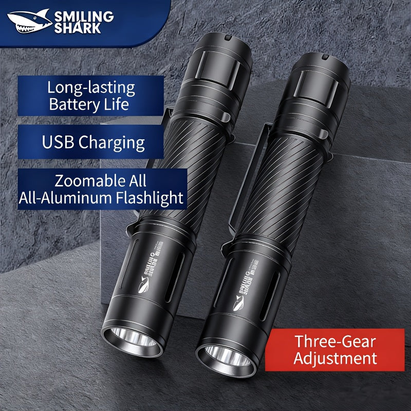 2-Pack Smiling Shark High Lumen LED Flashlight, Rechargeable Handheld Light, Super Bright Torch with Portable Clip Spotlight, 3 Light Modes, Built-in Battery, Type-C Fast Charging, for Camping Hiking Emergency SD7115