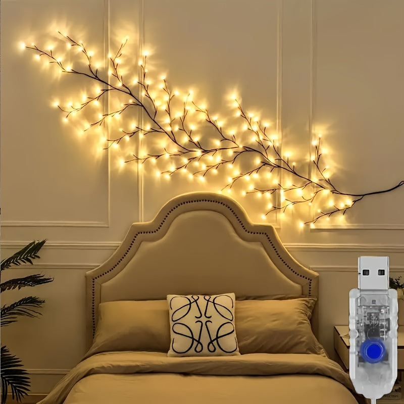AMill USB 电源 96 个 LED 柳藤壁灯 - 暖白色，70.9 英寸人造植物枝条照明，适合舒适的客厅和卧室装饰，非常适合圣诞节壁炉架或节日墙面点缀、节日墙面装饰|节庆氛围|暖白光，客厅灯，最适合圣诞节