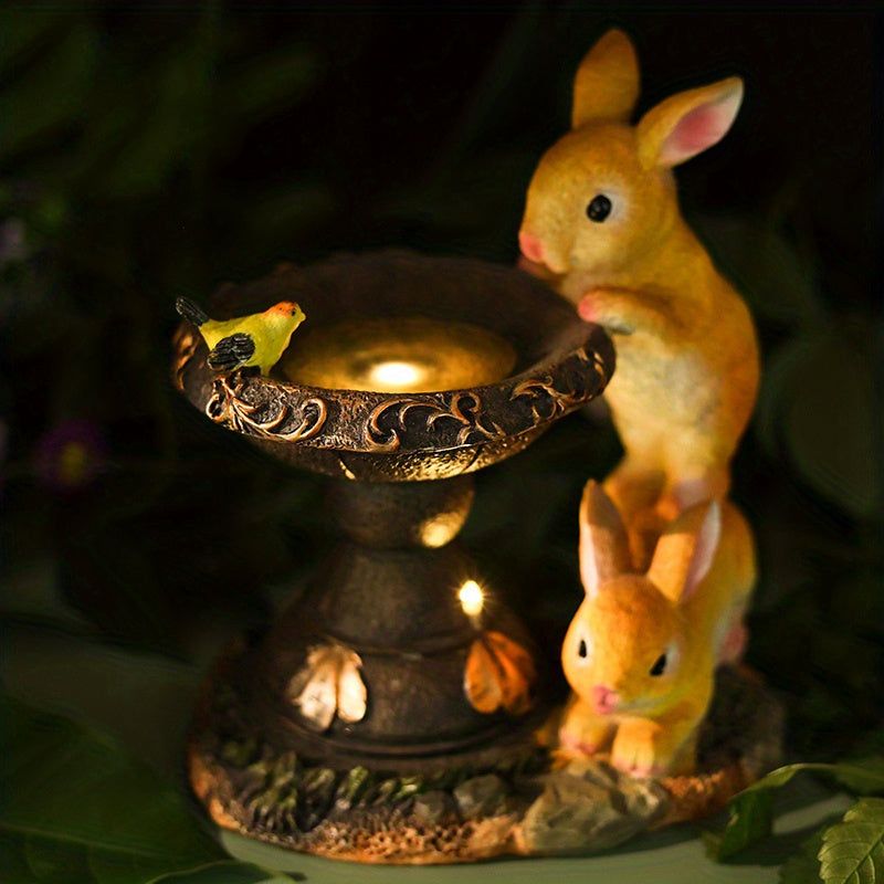 Outdoor Solar Light Creative Double Rabbit Drinking Water Ornament Resin Craft Garden Courtyard Light Balcony Animal Decoration Suitable for Porch, Courtyard and Gardening Decoration, Ideal Gift for Women and Grandmothers