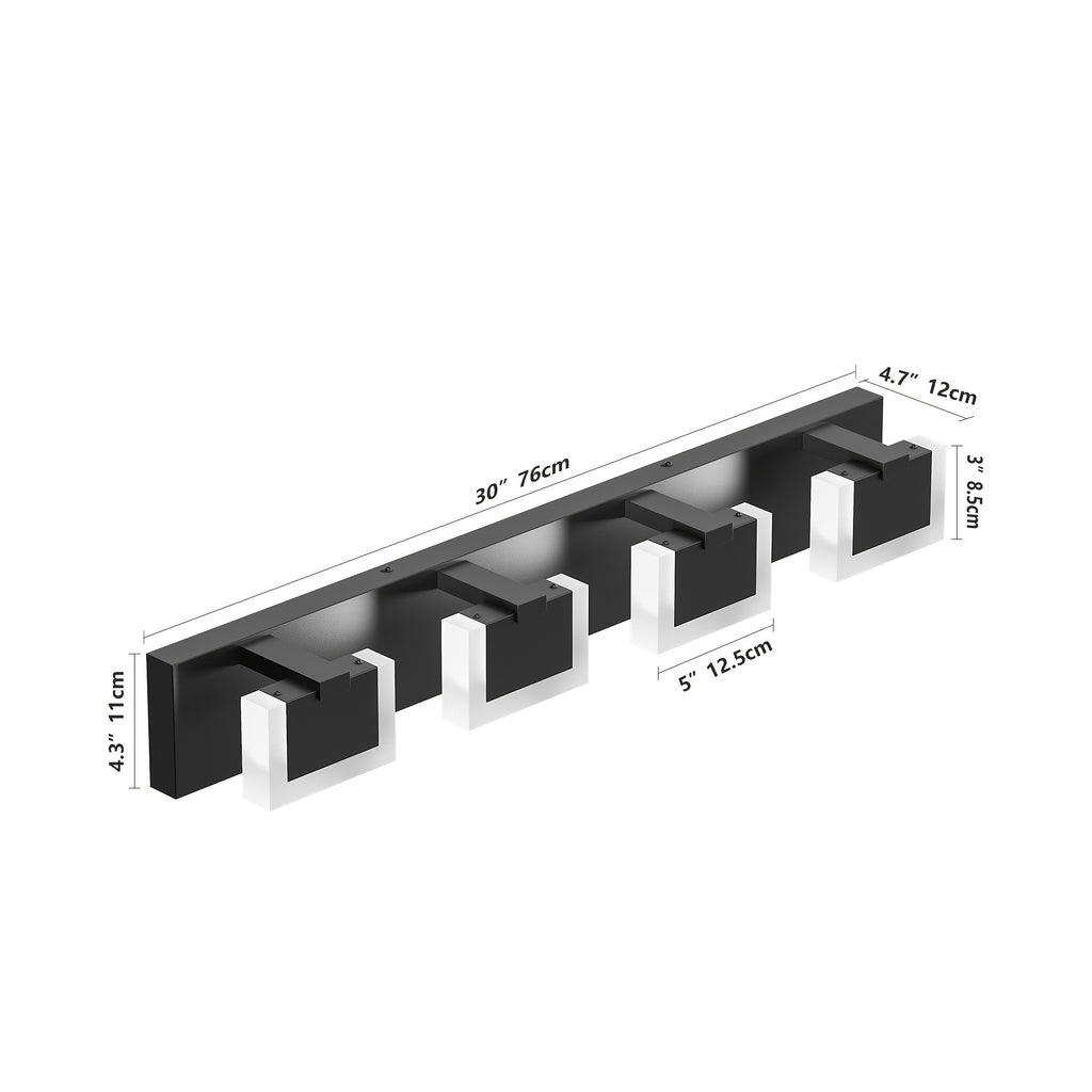 30-Inch 4-Light Bathroom Vanity Light, Elegant Modern Bathroom Wall Light, with LED Light Source and Square PC Material Shade, Wall-Mounted Fixture, Made of Stainless Steel, Dimmable, Suitable for Bathroom, Living Room, Bedroom (Black)