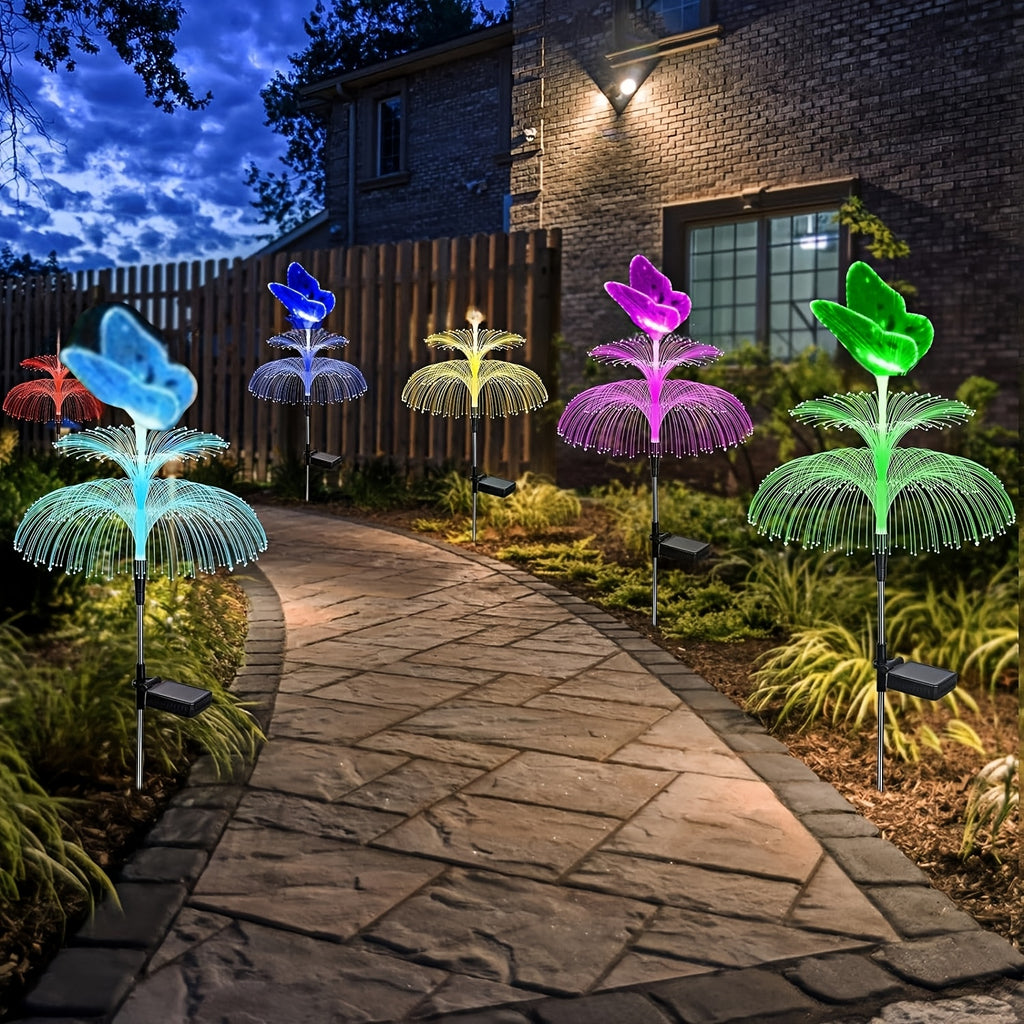 Solar Garden Light 4-Pack Solar Outdoor Decorative Light 7 Color Changing Double Jellyfish and Butterfly Flower Garden Decoration Courtyard Christmas Pool Outdoor Decoration, Gift for Mother and Women