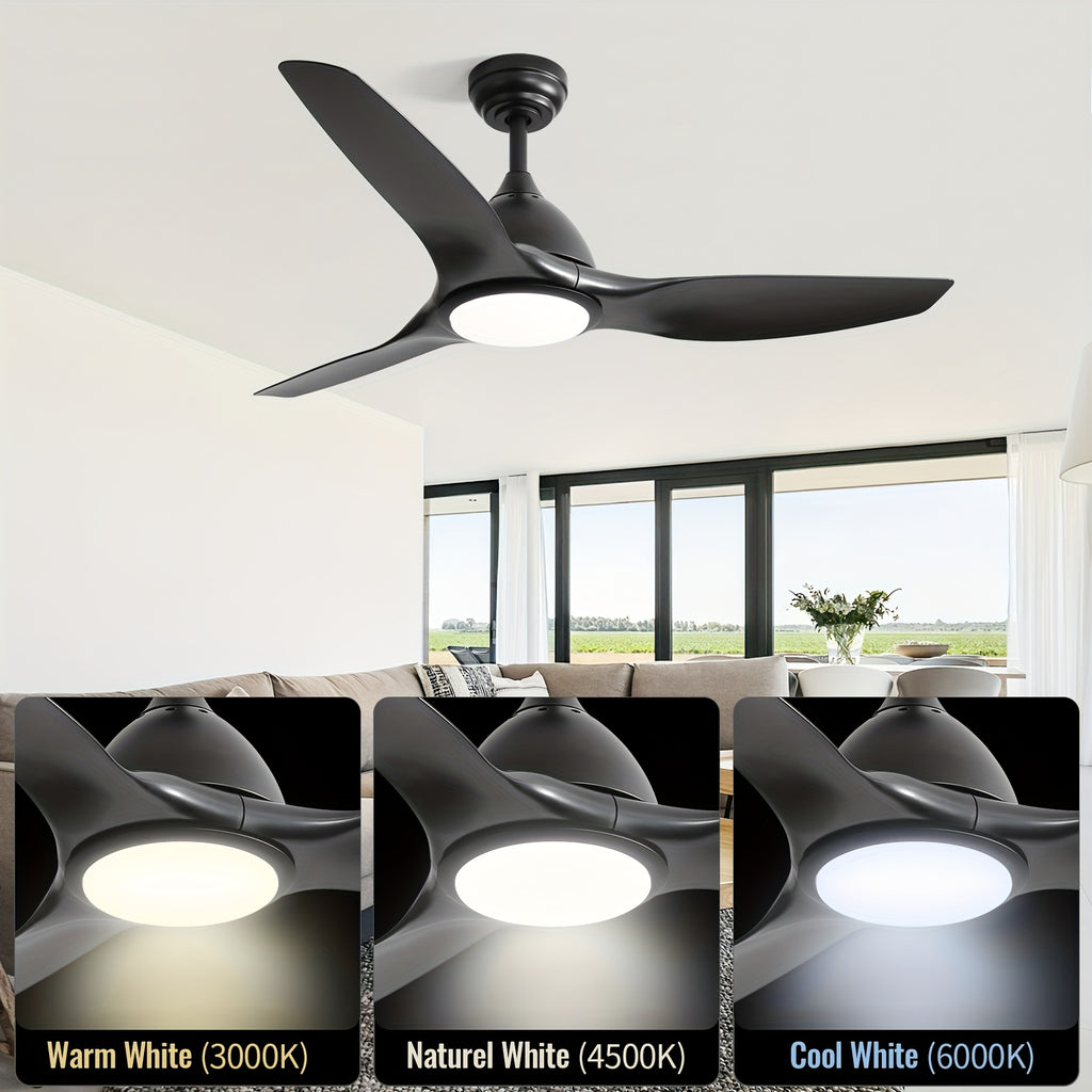 Sofucor 52-Inch Black Ceiling Fan, 3 Blades, 22W Dimmable LED Light, Memory Function, Reversible 6-Speed DC Motor, Ideal for Bedroom, Kitchen, Living Room