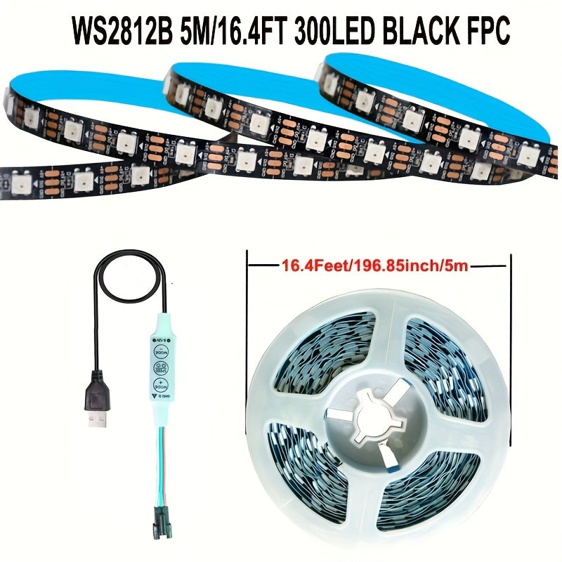 AOEVK 16.4Ft 智慧型 LED 燈條 5050 RGB+IC，具追蹤效果 - WS2812B 可獨立識別，USB 5V 每公尺 60 LED，電視背光燈 (適用於 50-85 吋螢幕)，適用於居家和牆面裝飾、萬聖節、聖誕節
