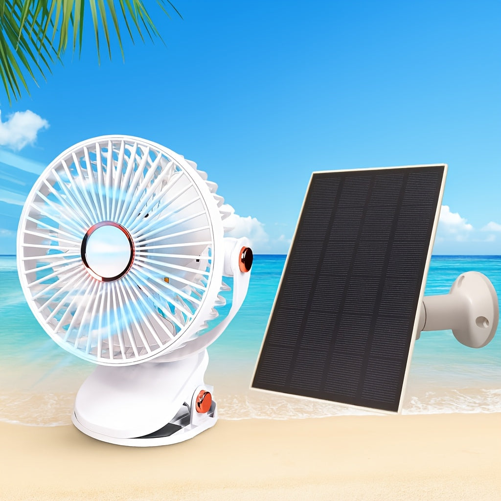 Solar Camping Fan Light - 5-Speed Rechargeable Clip-On Fan, Dual Power Supply (Solar & Battery), Built-in Rechargeable Lithium Battery, USB Charging Port and 5V Solar Panel - Multi-Scene Use: Picnic, Hiking, Fishing and Indoor Home Use During Hurricanes