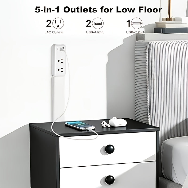 5in 1 Telescopic Outlet Extender with 2 AC Outlets, USB-A And USB-C Ports | 180° Rotating Wall Plug, Ideal for Hard-to-Reach Areas Behind Nightstands, Sofas And More