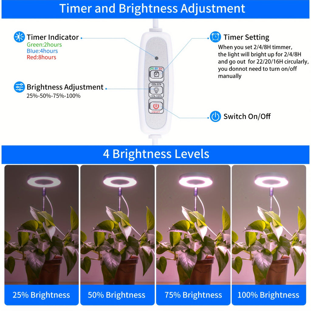 1PC LED Plant Grow Light, USB Powered Full Spectrum Sunlike Potted Plant Grow Lamp, 4-Level Dimmable Timer, Plant Supplement Grow Light with 1 Timer