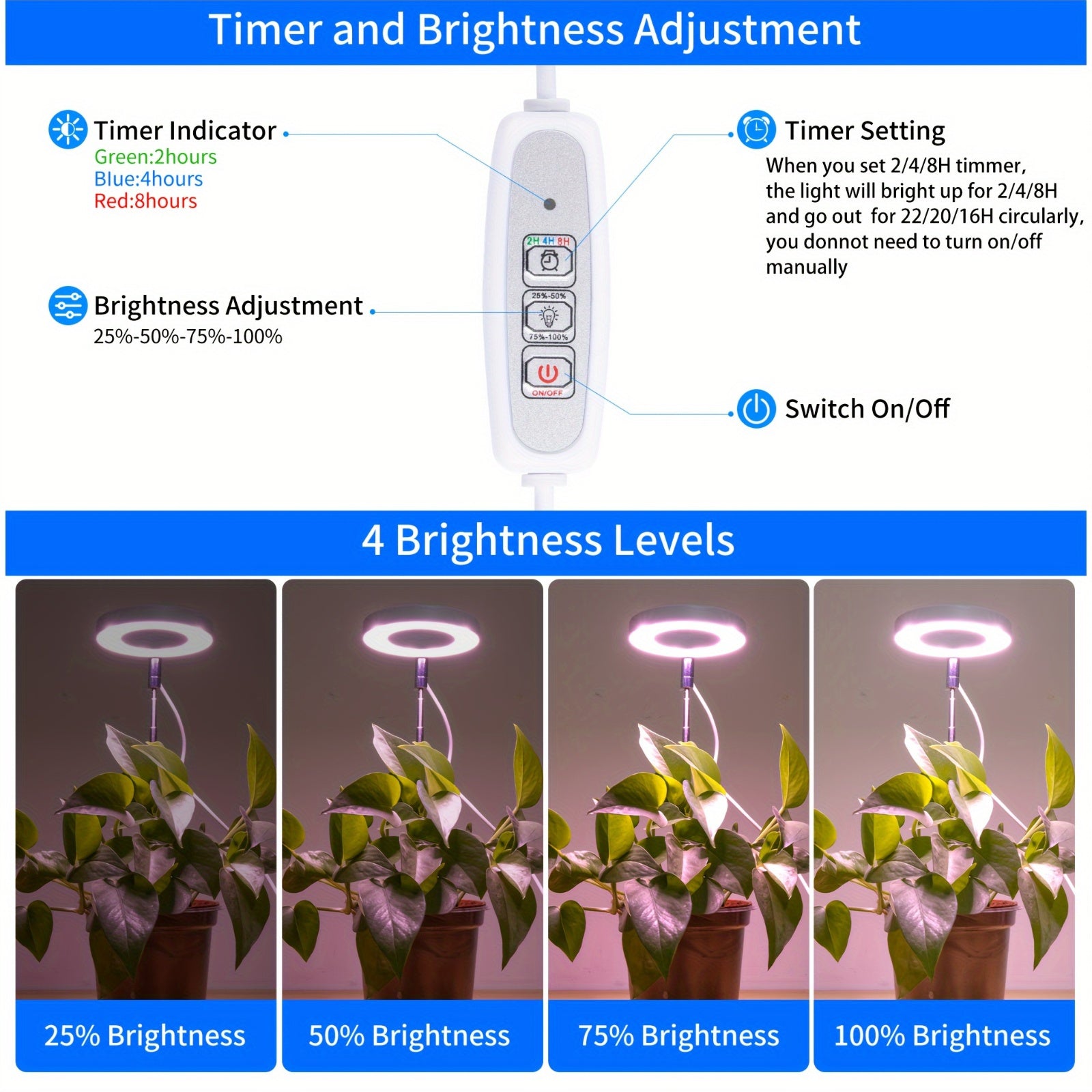 1PC LED Plant Grow Light, USB Powered Full Spectrum Sunlike Potted Plant Grow Lamp, 4-Level Dimmable Timer, Plant Supplement Grow Light with 1 Timer
