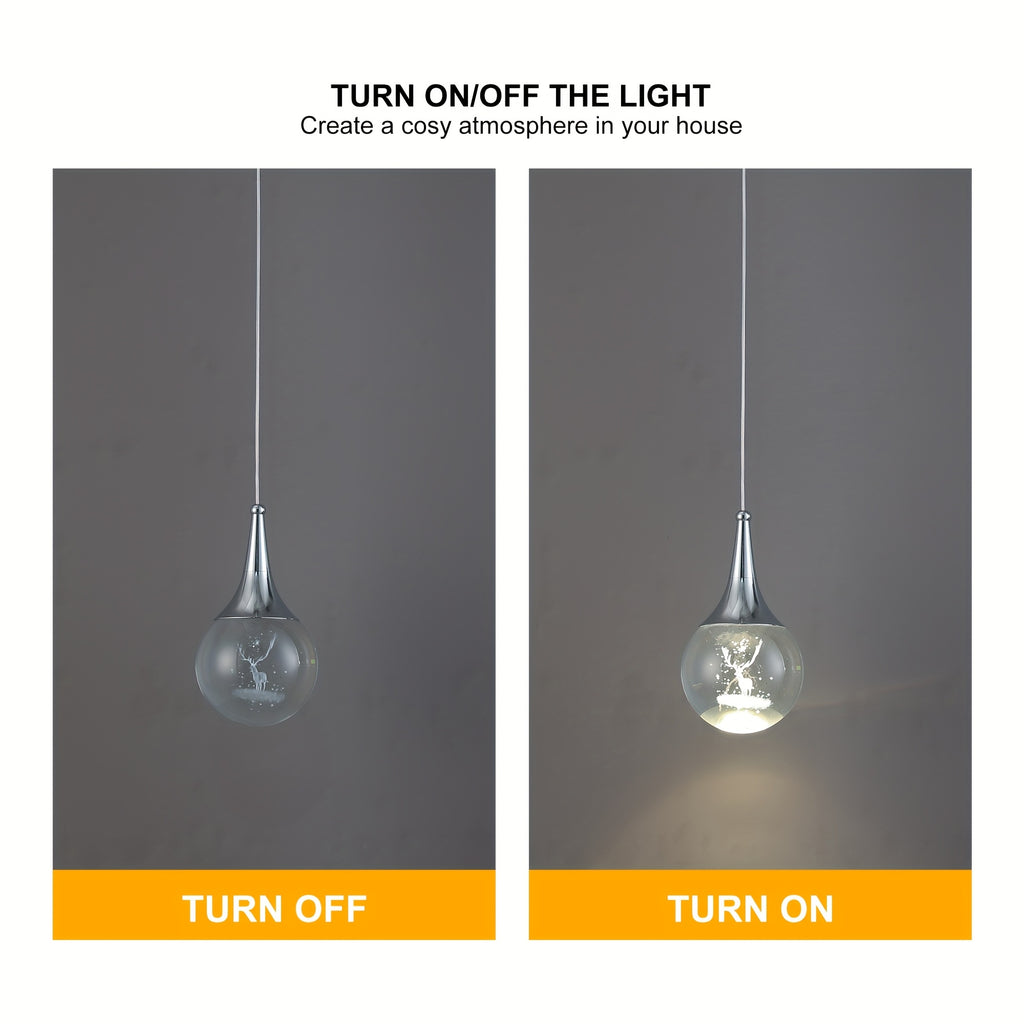 Enncll modern chrome globe LED pendant light, with 3D deer crystal lampshade - adjustable hanging height, polished metal finish, warm 3200K light, suitable for kitchen island, dining room or bar, elegant teardrop design