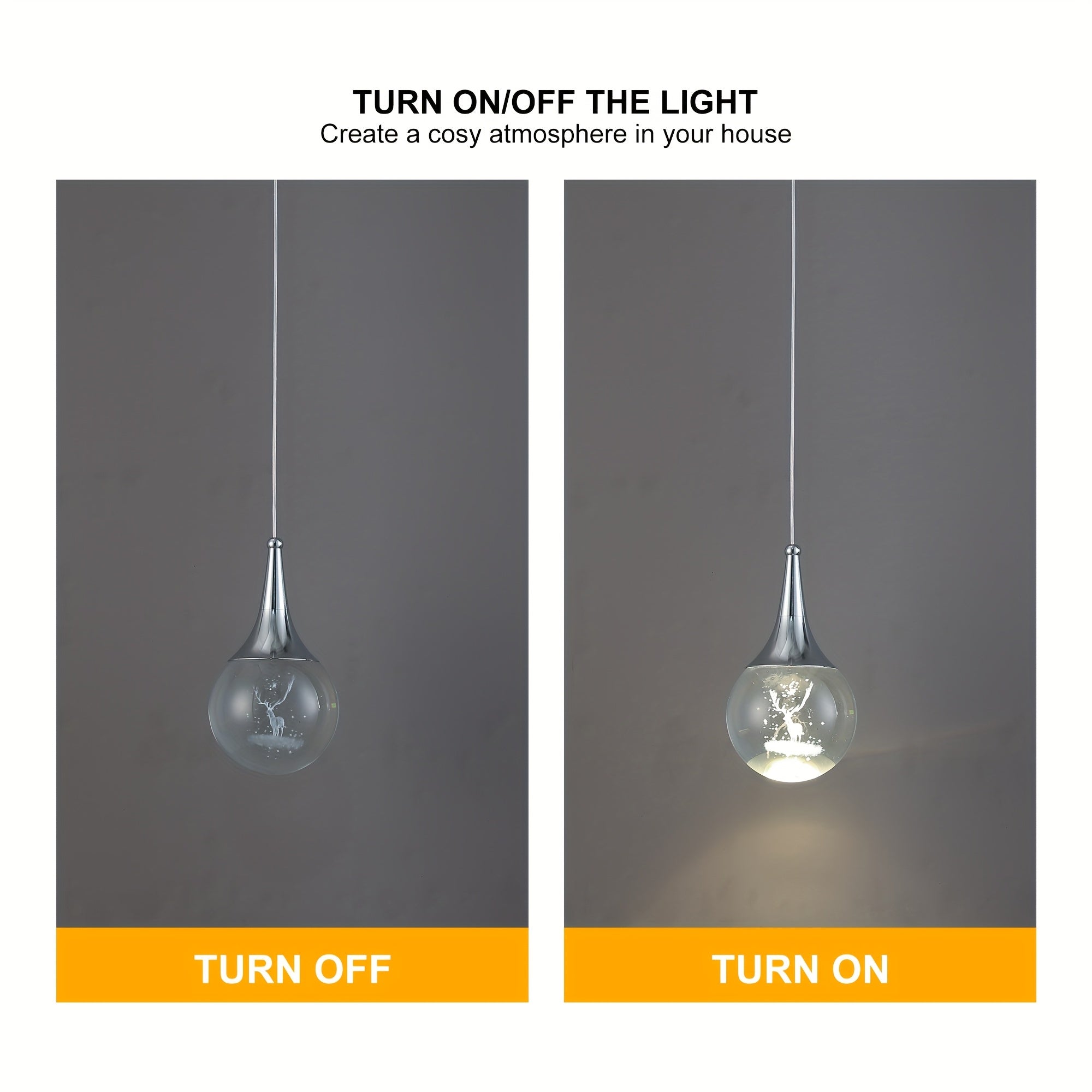 Enncll modern chrome globe LED pendant light, with 3D deer crystal lampshade - adjustable hanging height, polished metal finish, warm 3200K light, suitable for kitchen island, dining room or bar, elegant teardrop design
