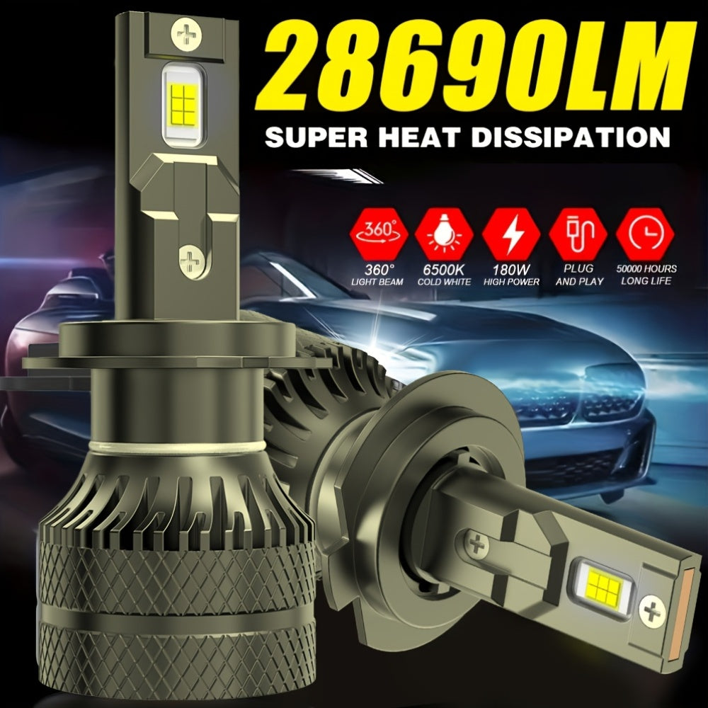 2 Pcs LED Car Headlight Bulbs - 28690 Lumens, 180W High Power, 6500K Super Bright Cool White Light, Compatible with H4 H1 H8/H9 9005/HB3 9006/HB4 9012/HIR2, No Battery Needed, Car Headlight Bulbs, Vehicle Lighting