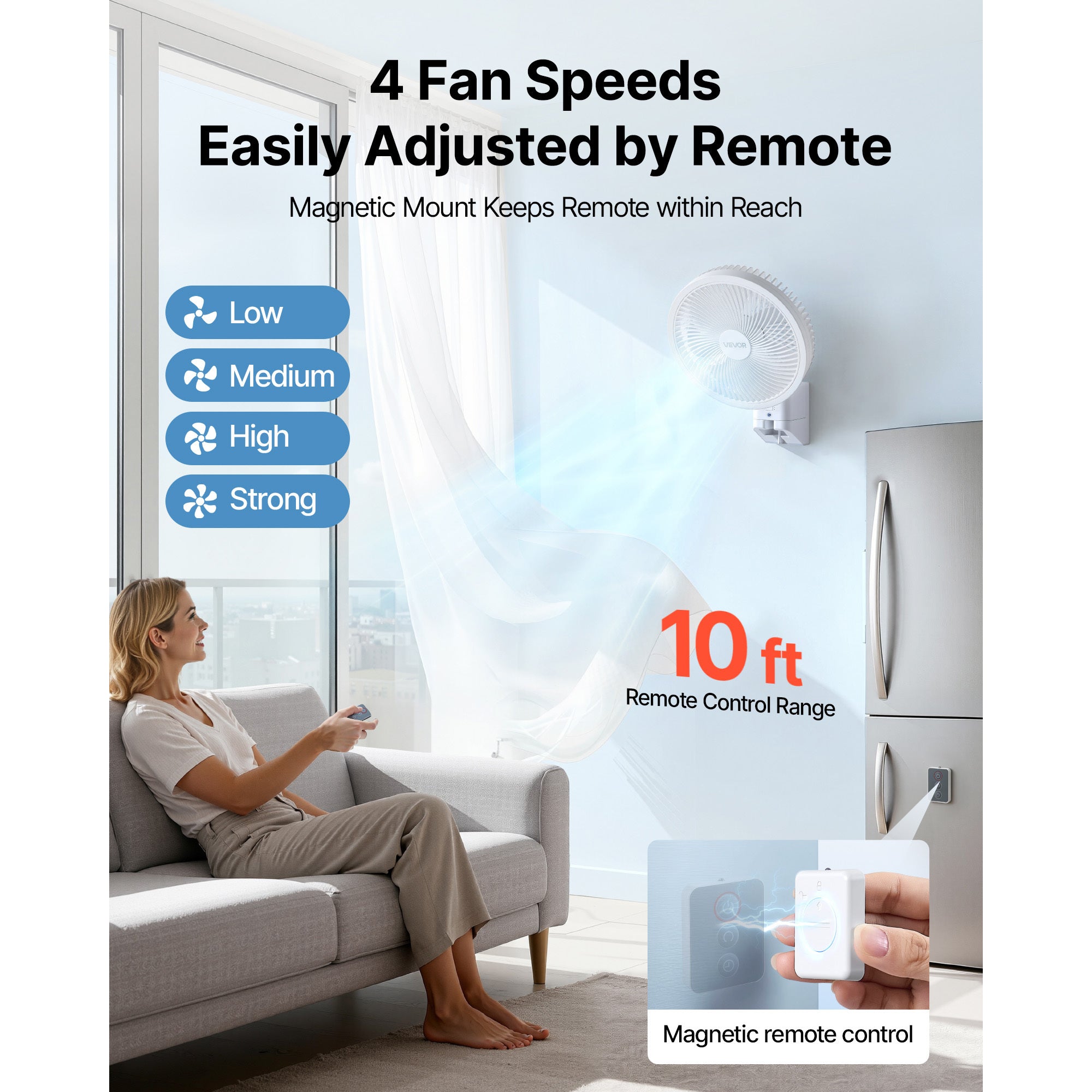 VEVOR 8.5 Inch Wall Mount Fan, Oscillating Ceiling Fan with Remote Control, 10FT Strong Airflow, DC Motor, 4 Speed Levels & Timing Function, Automatic 90° Horizontal Rotation & Manual Vertical Tilt, Ideal for Home Office RV Use