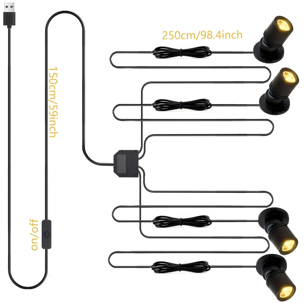 LED mini spotlight display light, USB-powered mini spotlight, equipped with 2/4/6 heads, 3000K warm white spot lighting, suitable for jewelry cases and model display stands, black USB cable with optional black/gold/silver lamp heads