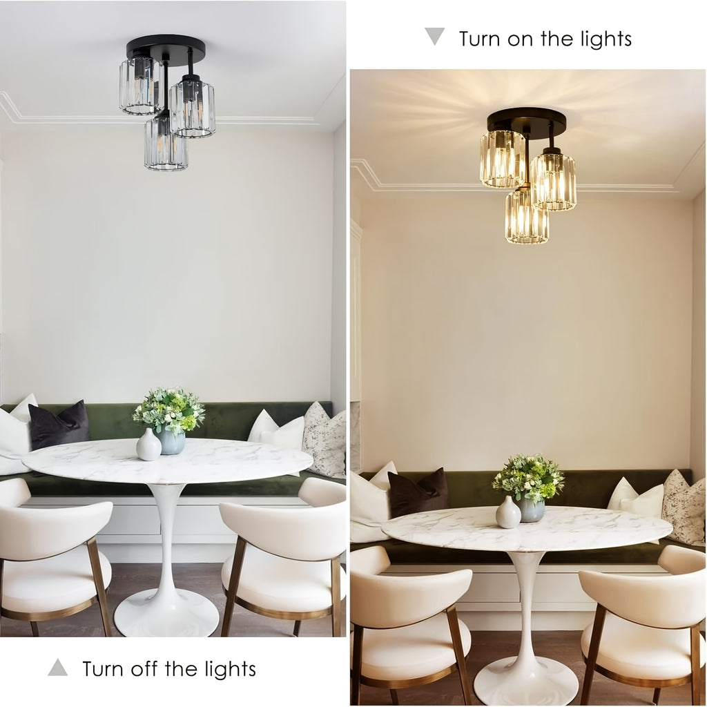 Modern semi-flush mount ceiling light, three-light crystal chandelier, E26 base pendant light, suitable for living room, dining room, bedroom, kitchen, hallway