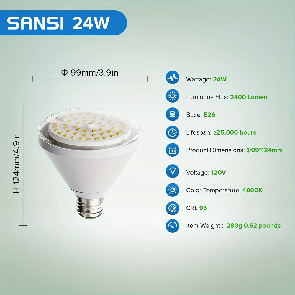 SANSI BR30 24W Full Spectrum LED Grow Bulb, 200W Equivalent Plant Grow Light, 120° Wide Beam, 4000K Daylight, E26 Base for Indoor Plants, Seed Germination & Flowering