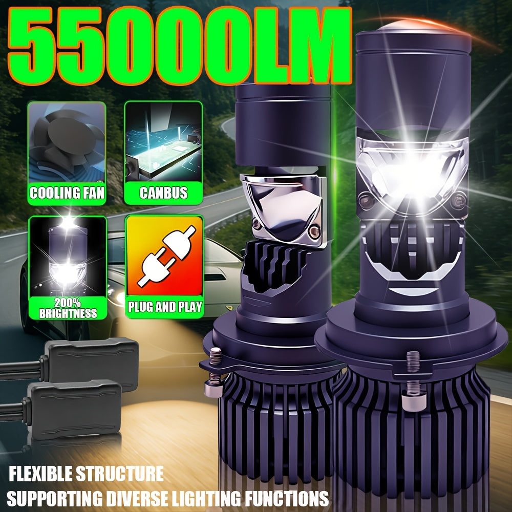 2PCS LED Car Headlights - H4/9003/HB2 - 55000LM, 300W High/Low Beam, 6500K Cool White Light, Equipped with 12000 RPM Turbo Cooling Fan and 360° Wide Beam, No Battery Needed