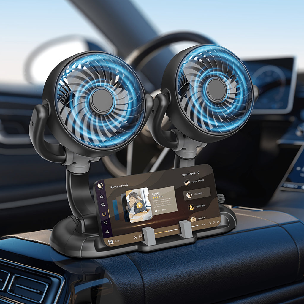 Dual-Head Car Fan - Powerful Wind, Adjustable Speed, Multi-Angle Rotatable, Compact Design with Phone Storage Slot, Suitable for Cars, SUVs and Trucks, Perfect for Travel, Beach Vacation, Back to School, Comfortable Car Interior Use, Battery-Free Design