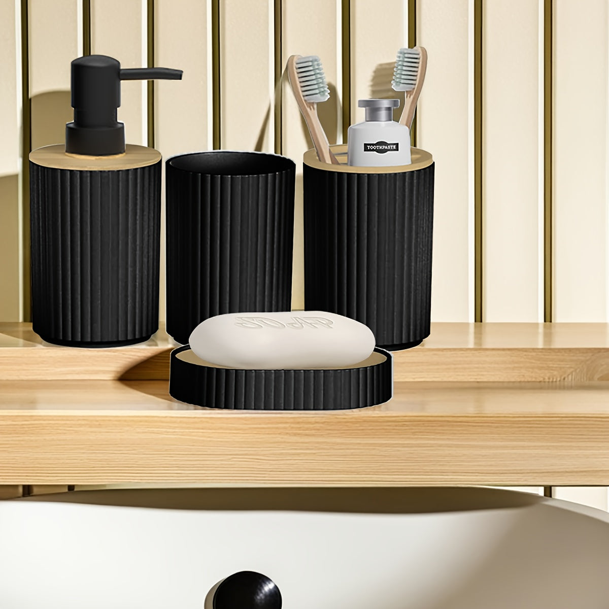 4-Piece Bathroom Accessory Set - Countertop Hand Soap Bottle, Toothbrush Holder, Soap Dish, Bathroom Storage Organizer & Stand