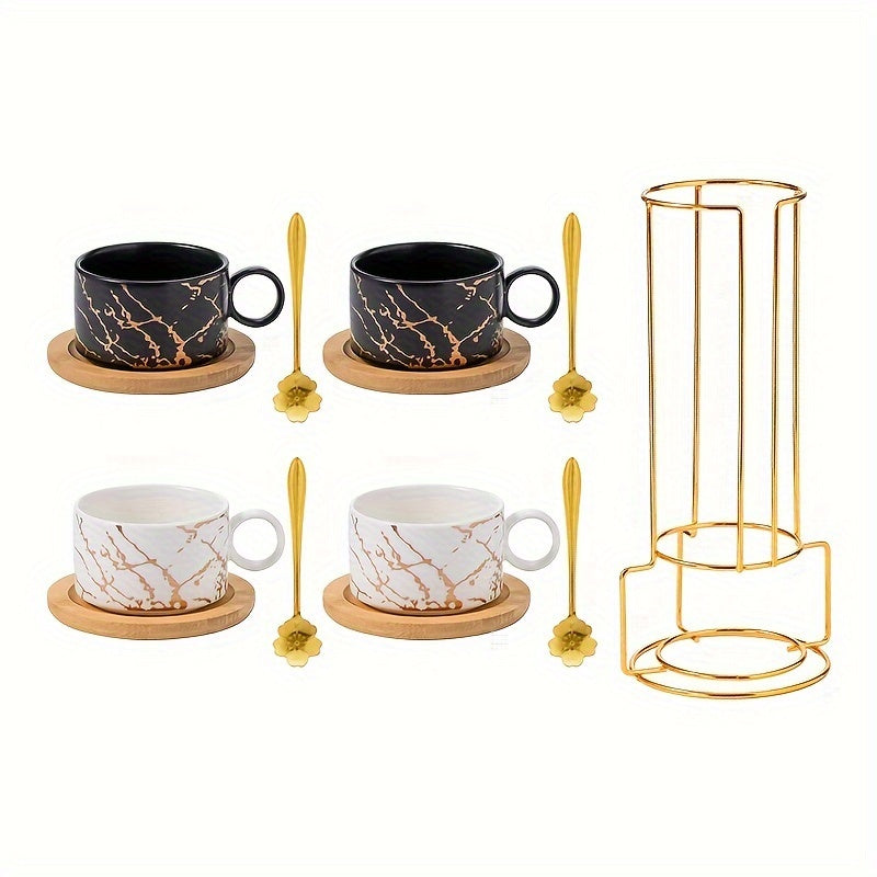 180ml Ceramic Coffee Cup Set, Black & White Four-Cup Marble Design with Saucers, Spoons & Gold Cup Stand