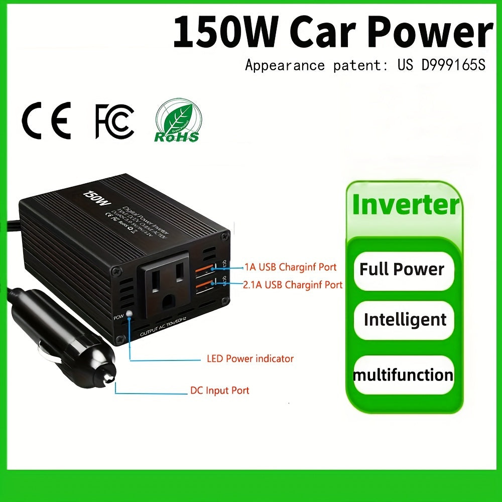 1个150W汽车电源逆变器，12V-36V转110V-130V直流至交流，带3.1A双USB端口，适用于iPhone iPad手机快速充电，车载插头适配器，旅行和车辆用途，高功率输出，黑色时尚设计 |