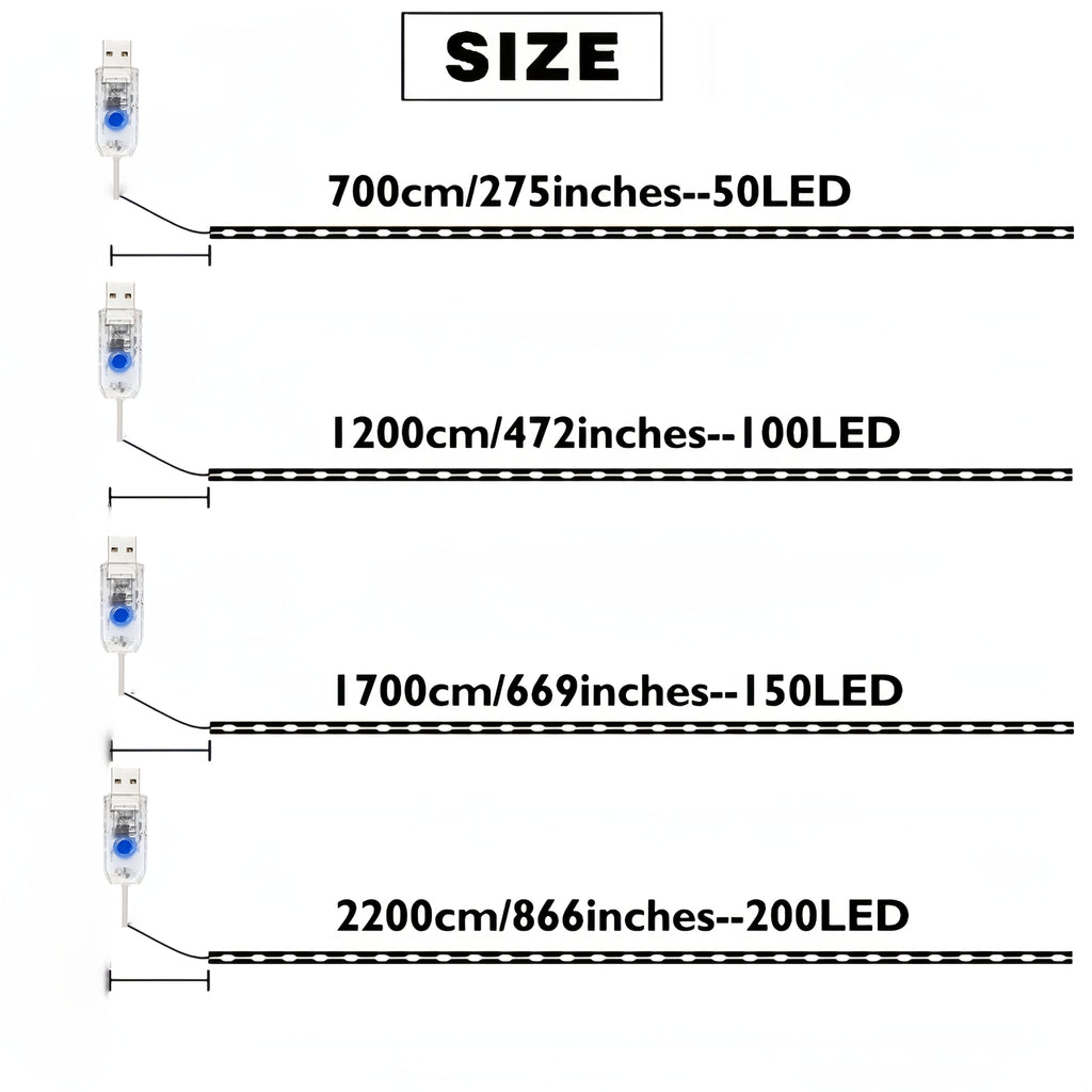 户外串灯，提供200/150/100/50 LED灯泡选择，采用童话灯设计，具有8种不同的模式，非常适合装饰圣诞节、室内空间、卧室、派对、花园、婚礼和节日