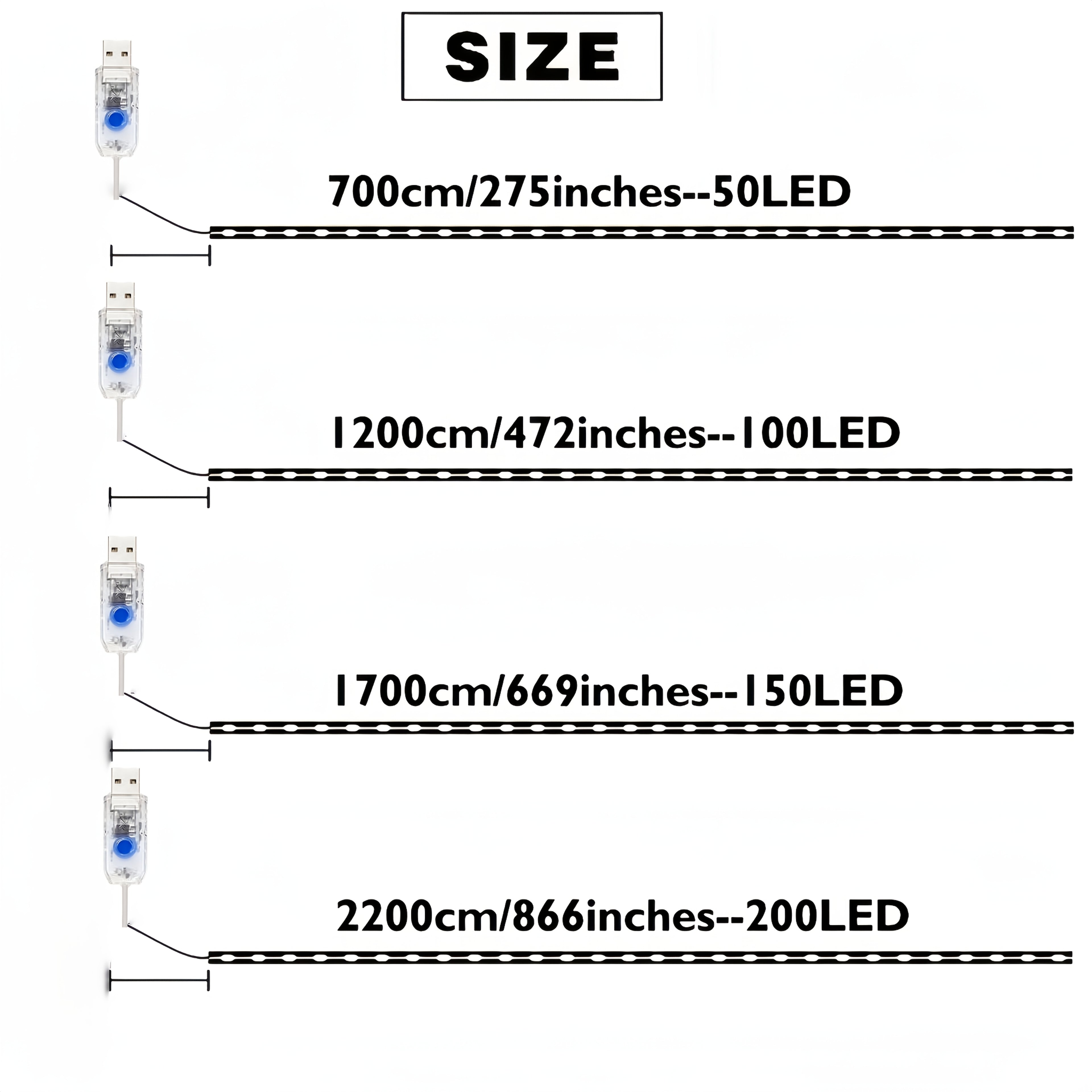 户外串灯，提供200/150/100/50 LED灯泡选择，采用童话灯设计，具有8种不同的模式，非常适合装饰圣诞节、室内空间、卧室、派对、花园、婚礼和节日