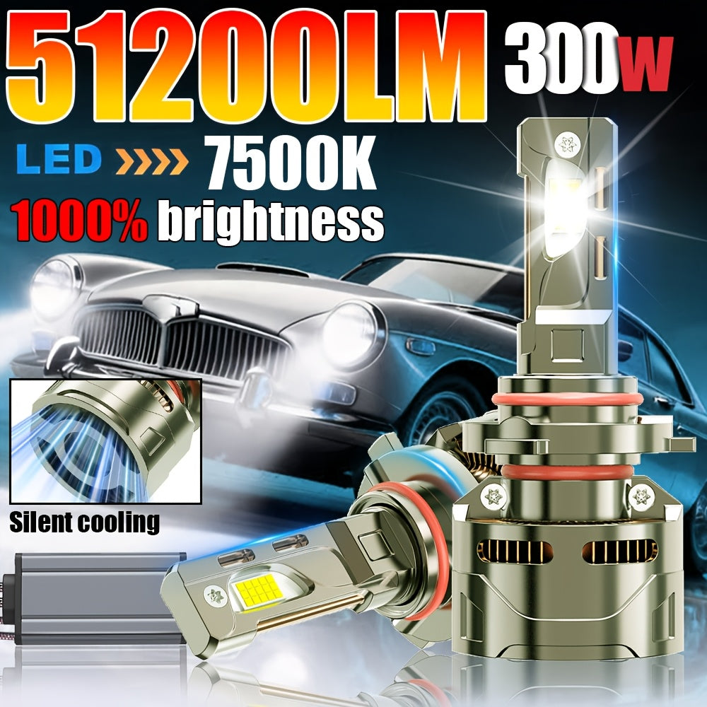 2PCS Super Bright LED Headlight Bulbs 51200LM, 300W High Power 7500K, for Motor Vehicles 9005/HB3, 9006/HB4, H11/H9/H8, H4/9003, H1, H7/H18, 9012/HIR2 Aluminum, Improves Night Driving Safety, External Driver