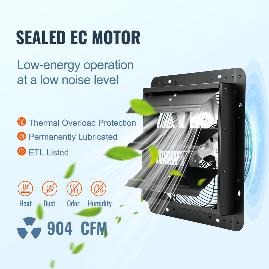 VEVOR Shutter Exhaust Fan, 12''/14''/16'' with Temperature and Humidity Controller, EC Motor, 940 CFM/1513 CFM/1747 CFM, 10-Speed Wall Mount Attic Fan for Greenhouse, Garage, Shed Ventilation and Cooling