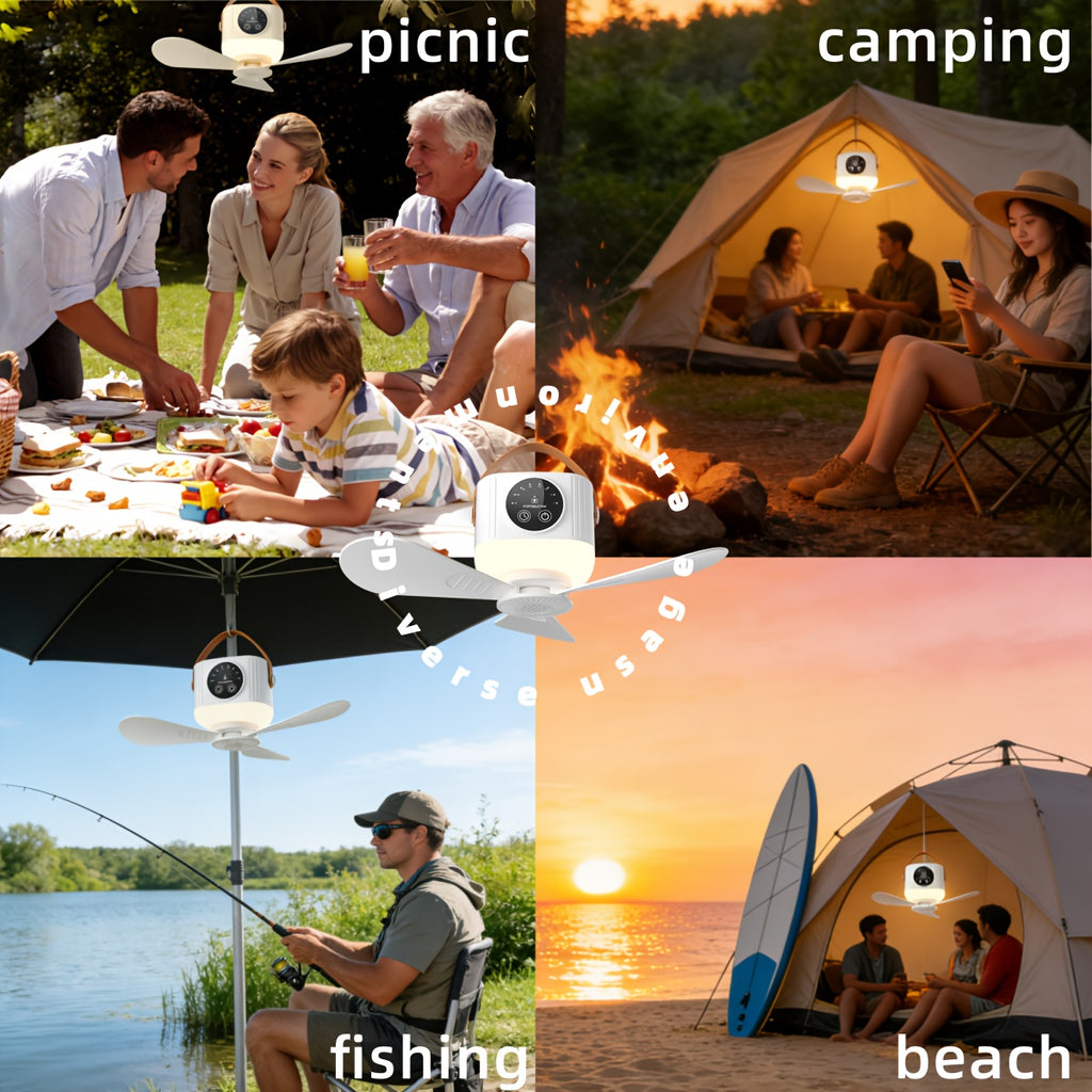 USB Rechargeable Portable Camping Fan with LED Night Light, 4 Speed Levels Long Lasting Battery Strong Wind, Hanging Fan for Dorm Tent, Ideal for Camping Fishing Outdoor Adventure Camping Accessories