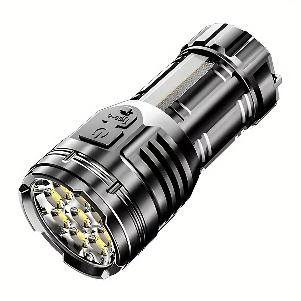 1PC 2025 New Rechargeable 9-LED Flashlight with COB Side Light, USB Power Supply, 1800mAh Lithium Battery, Standard Functions Including USB Cable, Portable Emergency Spotlight for Outdoor Use