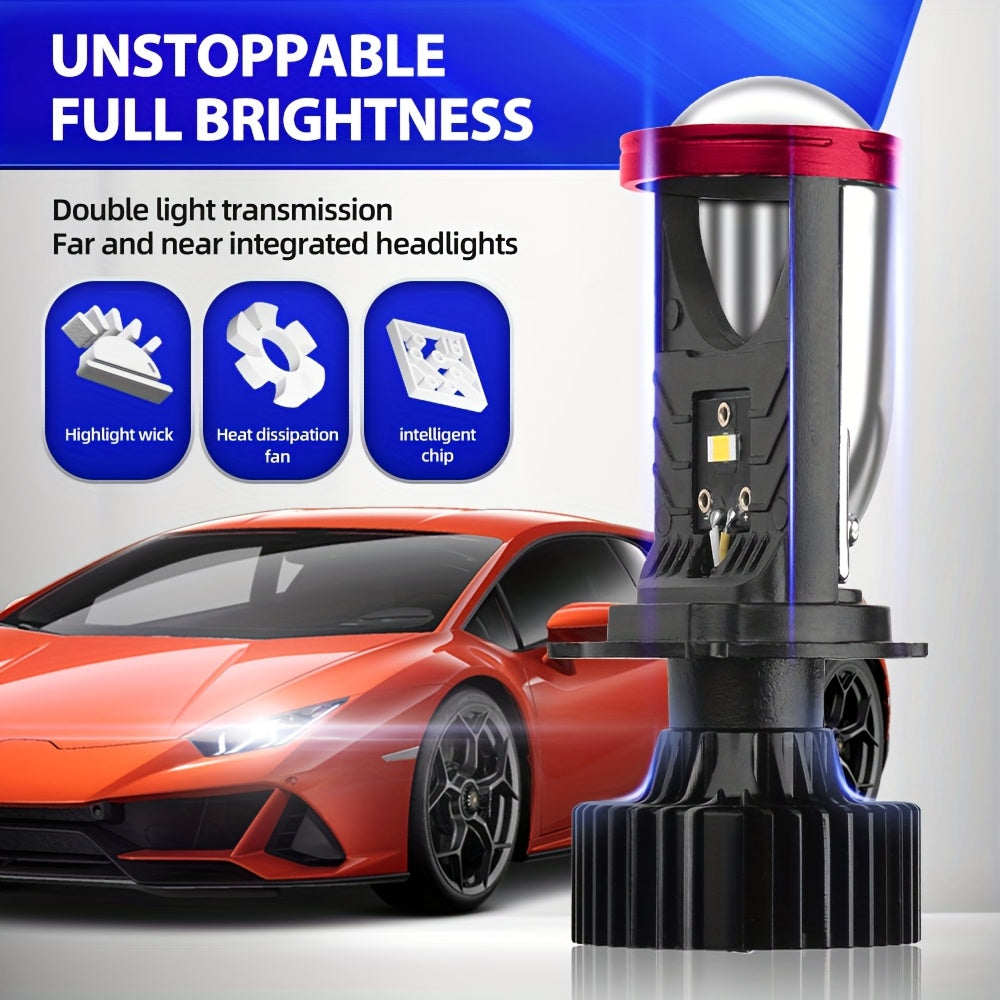 2 H4 High/Low Integrated Headlight Bulbs, 60000 Lumens 250W 3570 CSP Chip New LED Projector Lens, 6000K White Super Bright Light, for Left-Hand Drive