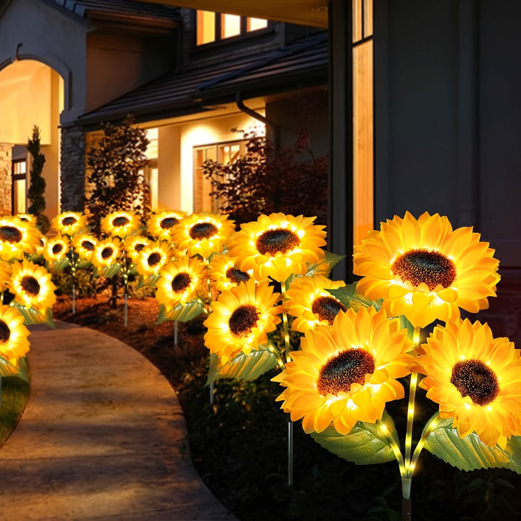 Upgraded 3-Piece Solar Garden Light Set, Includes 9 Sunflower Lights, IP65 Waterproof Outdoor Artificial Flower Solar Light Courtyard Decoration, Automatic On/Off Solar Decorative Light Suitable for Lawn, Courtyard, Porch, Flower Bed