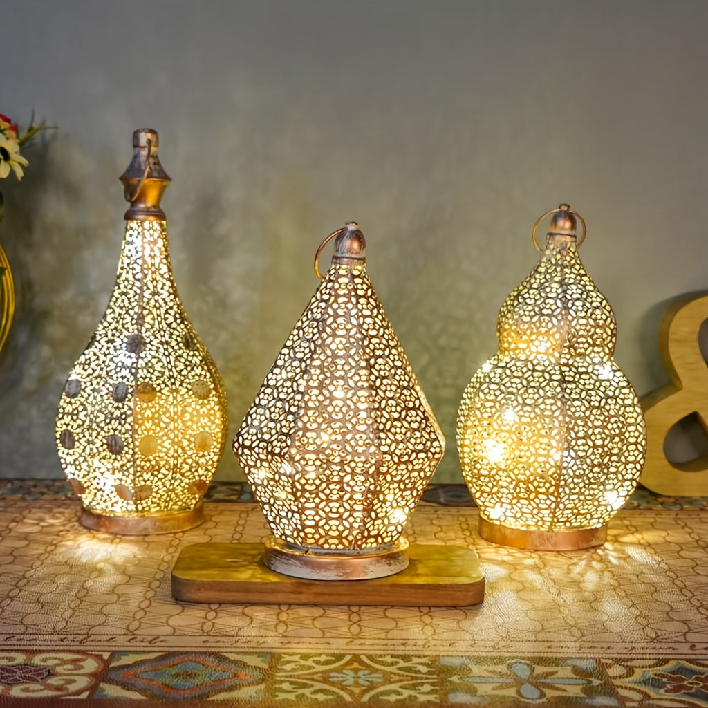 1 件摩洛哥风格 LED 灯笼 - 锻铁桌面装饰，图案复杂，电池供电（AAA），适用于卧室氛围、桌面装饰（不含电池）、卧室装饰