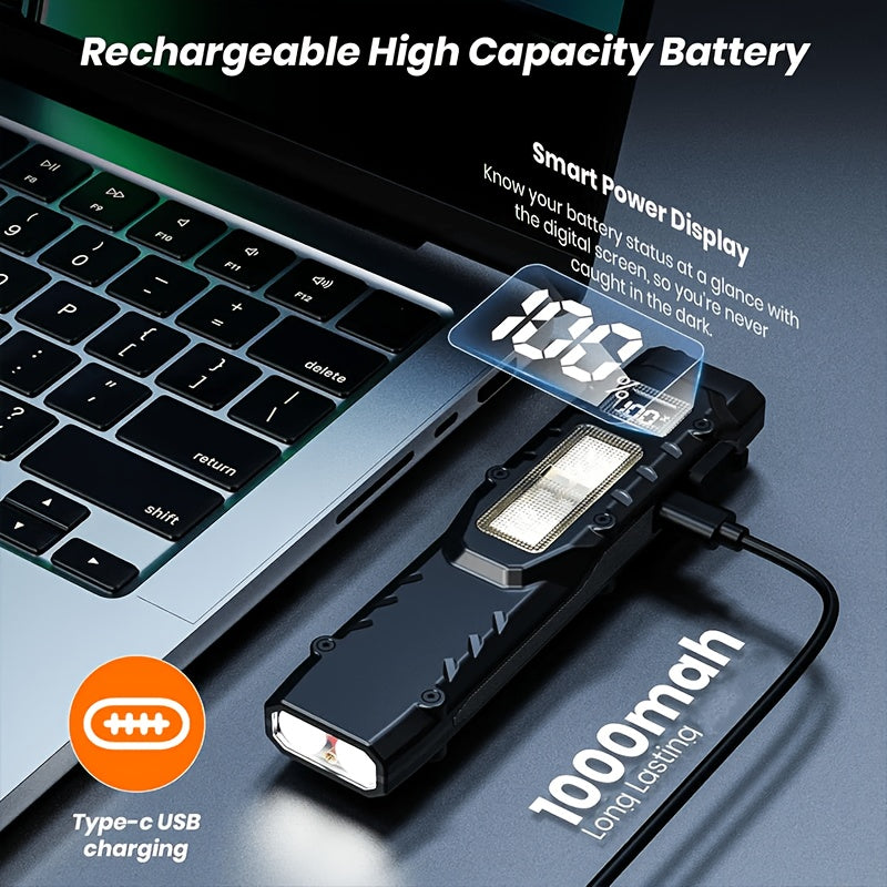 Clip-On Rechargeable Flashlight, Smart Digital Display Battery Level, Side Light & UV Mode, Long Press Strobe, Multi-Mode Dimmable, Compact Portable, Ideal for Home Workshop Daily Use