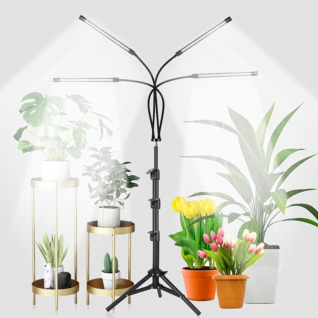 Tripod 4-Head White & Red LED Plant Grow Light, USB Powered, Freely Height Adjustable, Indoor Greenhouse Flower Plant Growth Lamp, 3/9/12 Hours Timer, Switchable Color Temperature