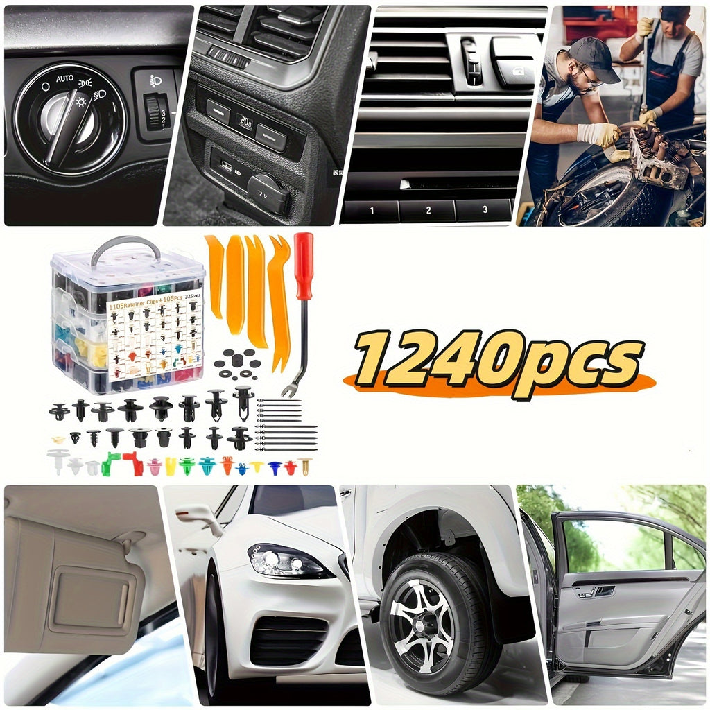 1240-Piece Automotive Push Retainer Clips & Fasteners Assortment – 1105 Push-Type Retainers, 32 Sizes of Fastener Clips, 10 Cable Ties & Fastener Removal Tool – Auto Repair Kit for Hood, Bumper & More