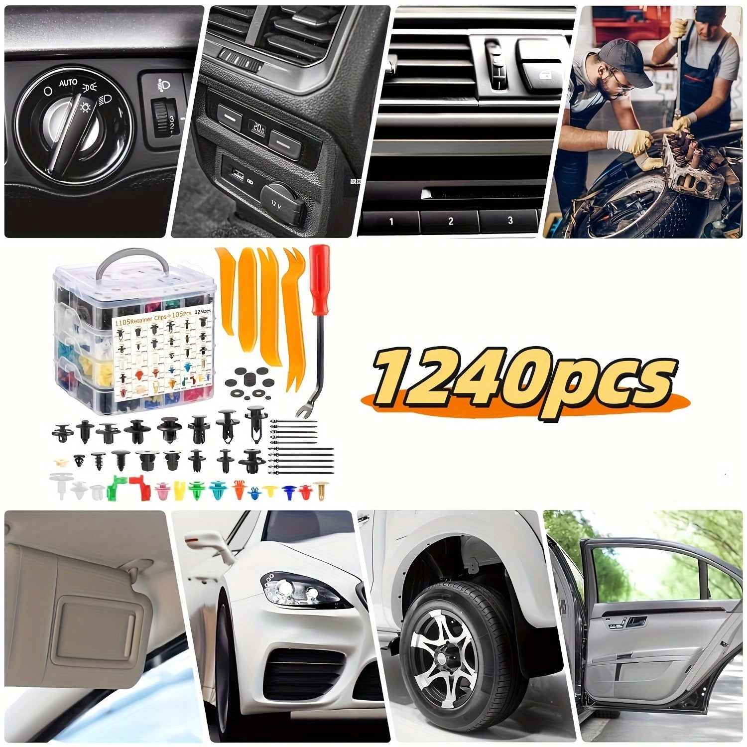 1240-Piece Automotive Push Retainer Clips & Fasteners Assortment – 1105 Push-Type Retainers, 32 Sizes of Fastener Clips, 10 Cable Ties & Fastener Removal Tool – Auto Repair Kit for Hood, Bumper & More