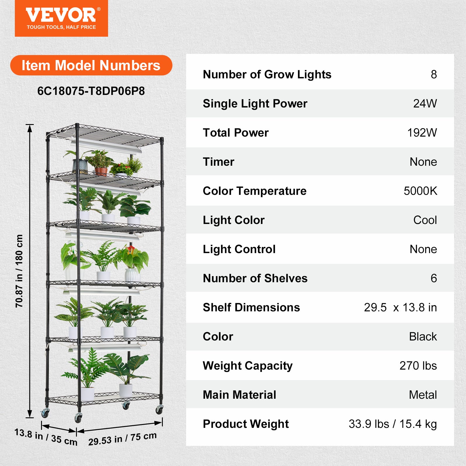 VEVOR DIY Plant Stand with Grow Light, 6-Tier, 192W, 70.9" H, Full Spectrum LED Plant Growing Shelf
