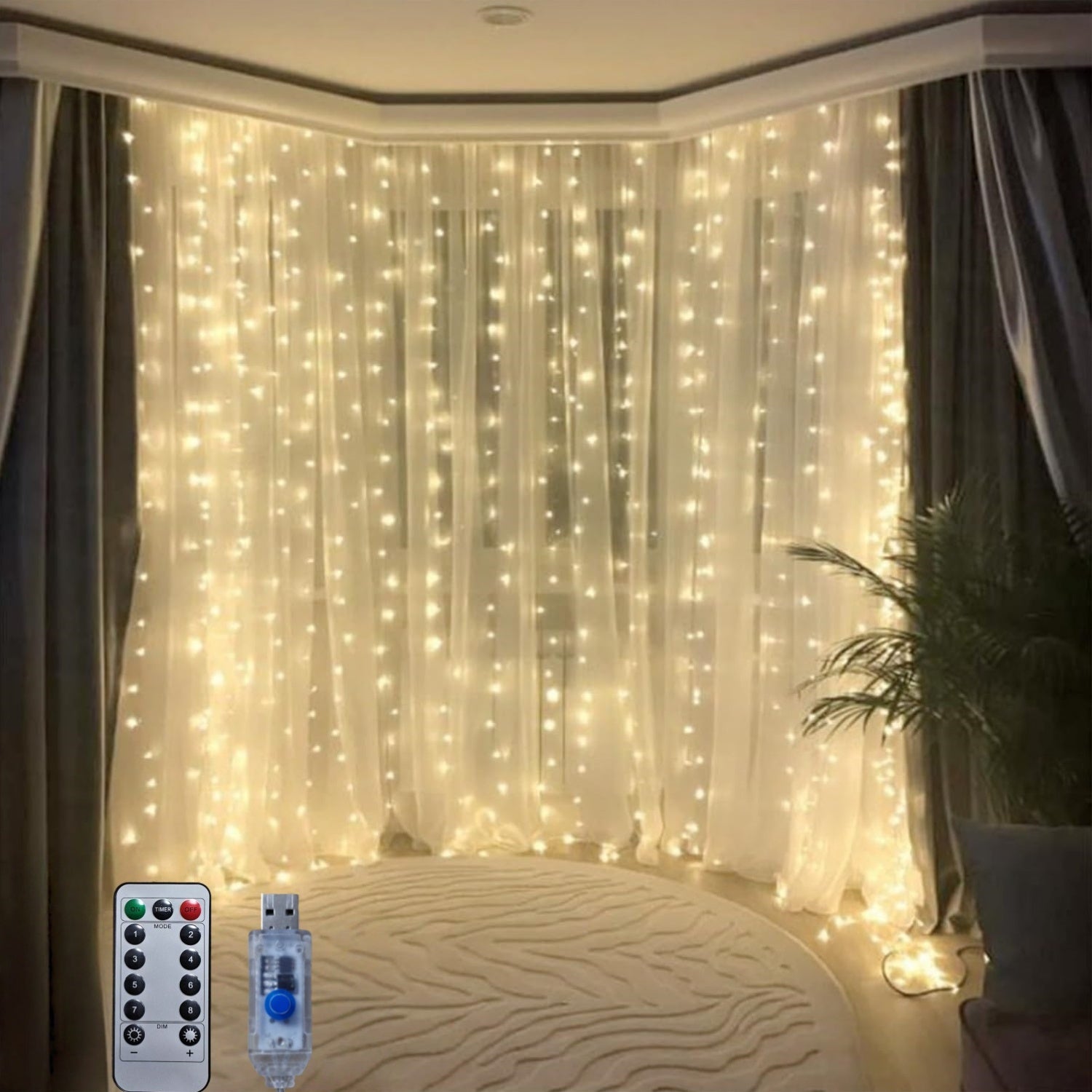 LED 氣氛窗簾燈，氣氛窗簾燈，適用於臥室，冷白色，USB 插電，8 種模式吊燈串燈，附遙控器，適合聖誕節、臥室、室內、婚禮、派對等裝飾，適合所有季節