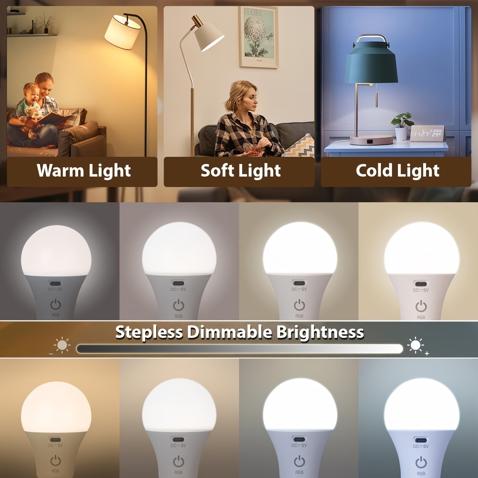 E26/E27 rechargeable remote control timer bulb, 13-color dimming portable wireless battery backup light, suitable for wall lamps and table lamps, detachable charging design, suitable for non-hardwired fixtures, with dimming function