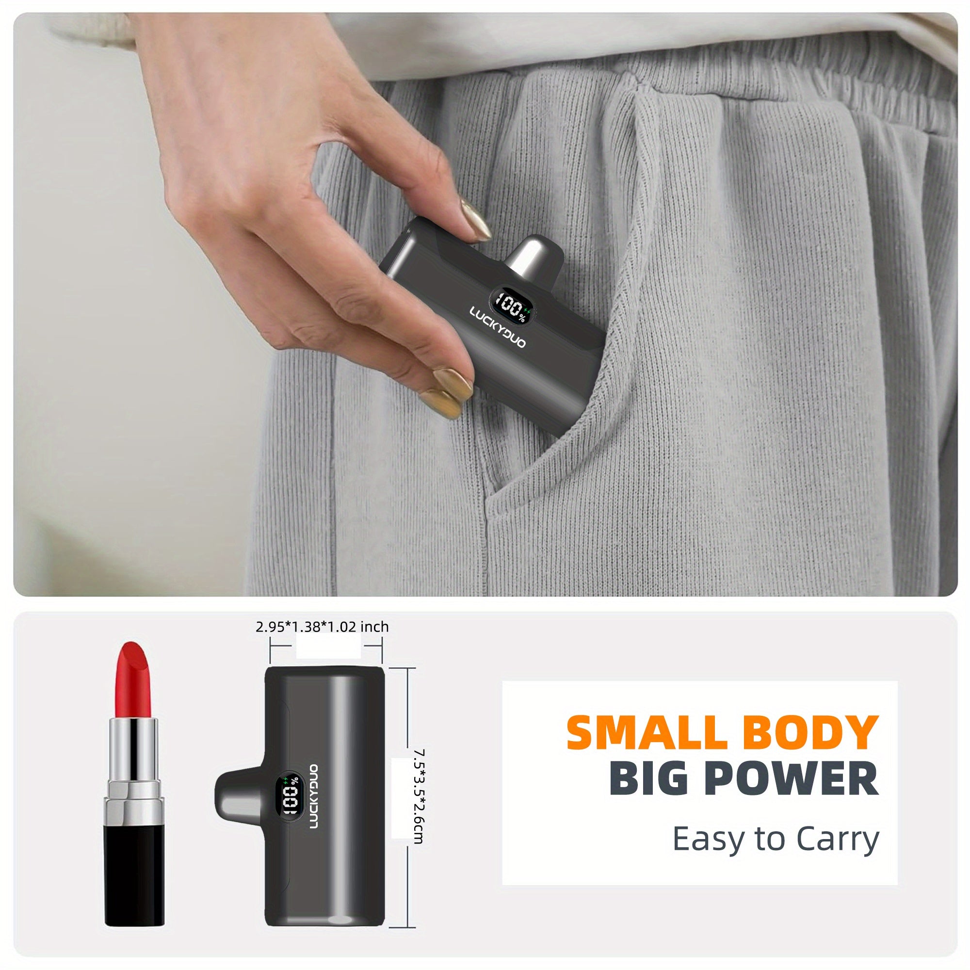 旅行用USB-C便攜充電寶，5000mAh Type-C口手機快充移動電源（15W），帶支架和LED燈的迷你電池組，適用於iPhone 15/16及三星手機