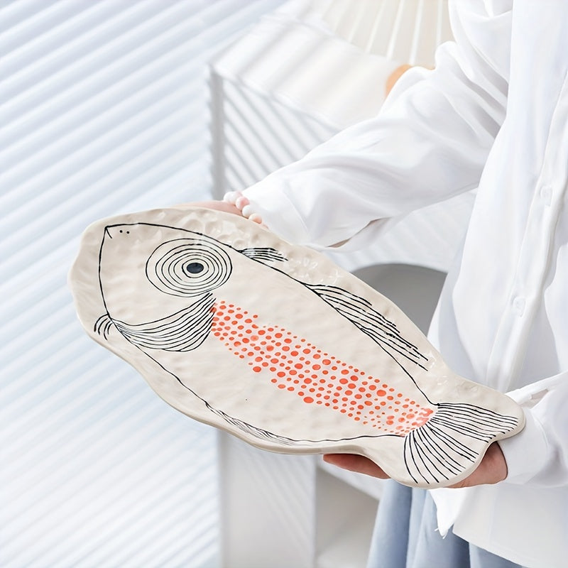 Elegant Hand-Painted Ceramic Fish Plate - Large Oval, Animal Theme, Perfect for Steamed Fish & Table Décor