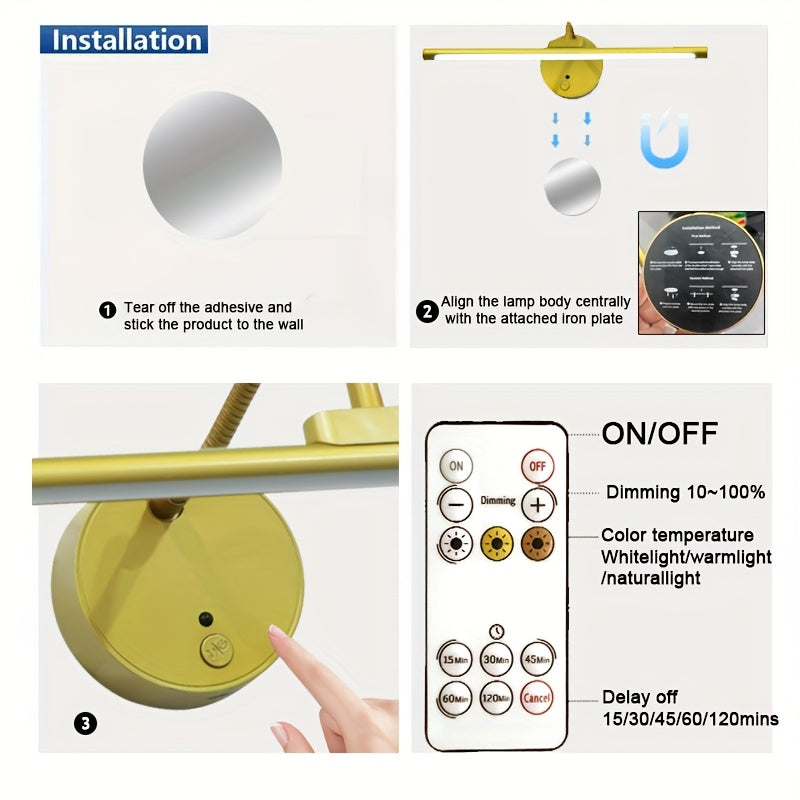 12.59-Inch Gold-Plated Metal Rechargeable LED Picture Light - Dimmable, Art Lighting, with Infrared Remote Control, Suitable for Living Room and Bedroom Decor, Living Room Enhancement | Stylish Wall Light | LED Light, Living Room Light