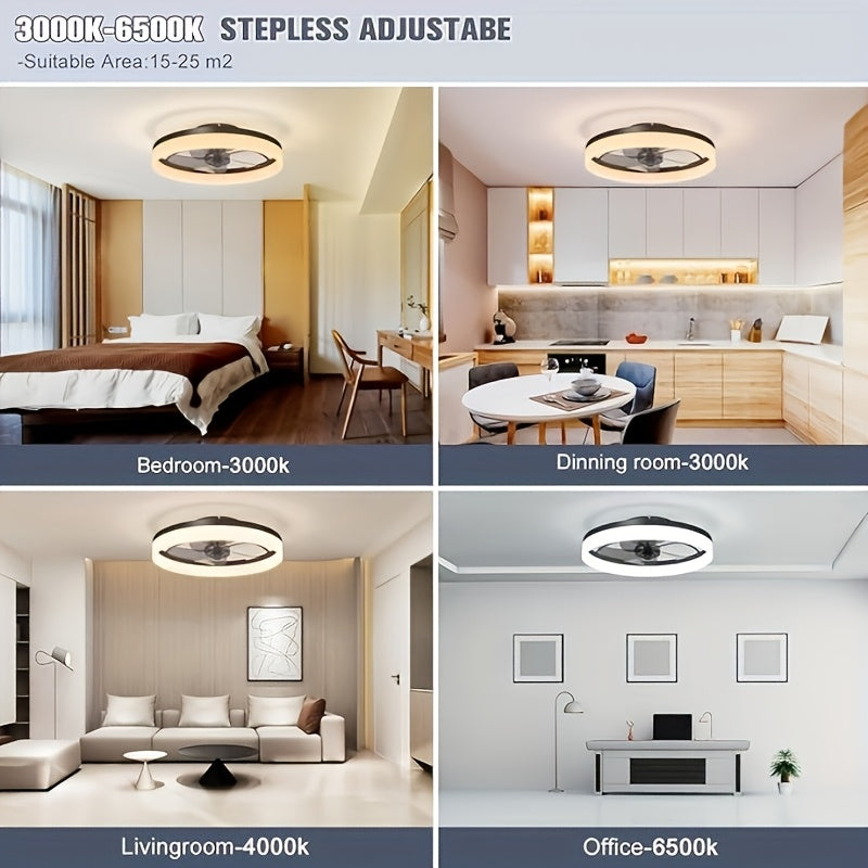 A modern metal ceiling fan, size from 15.75 inches to 19.7 inches, with light. Very suitable for bedrooms, studies and living rooms. It has six wind speeds, adjustable brightness, and is versatile and easy to install.