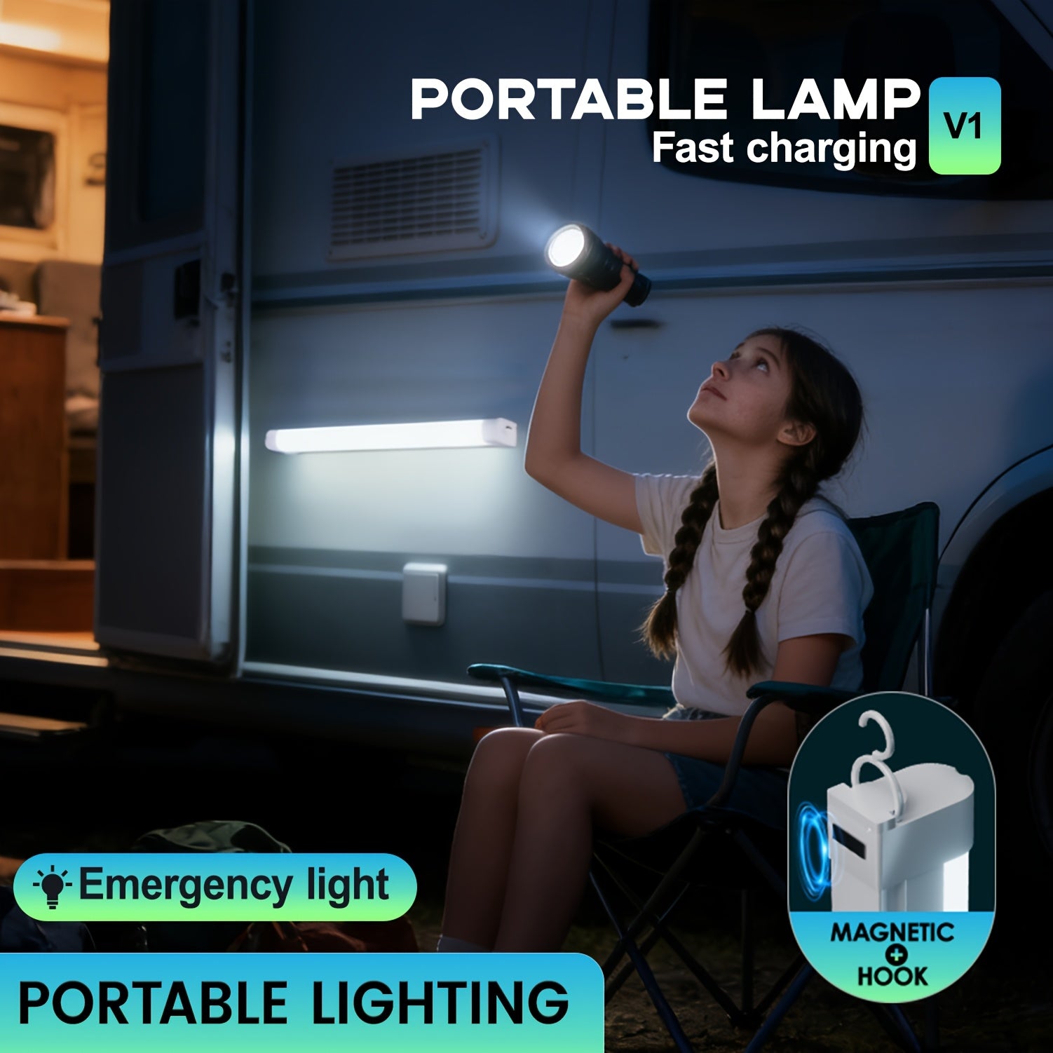 Portable LED emergency tube light (with hook), supports USB charging and multiple dimming modes, can be hung or handheld, suitable for power outage emergencies, camping, night repairs, dormitory lighting