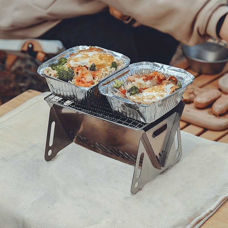 2-Piece Outdoor Foldable BBQ Grill, Stainless Steel Cassette Stove, Portable Charcoal Stove, Garden Party Camping Supplement. Includes 1 BBQ Grill + 1 Basting Brush/