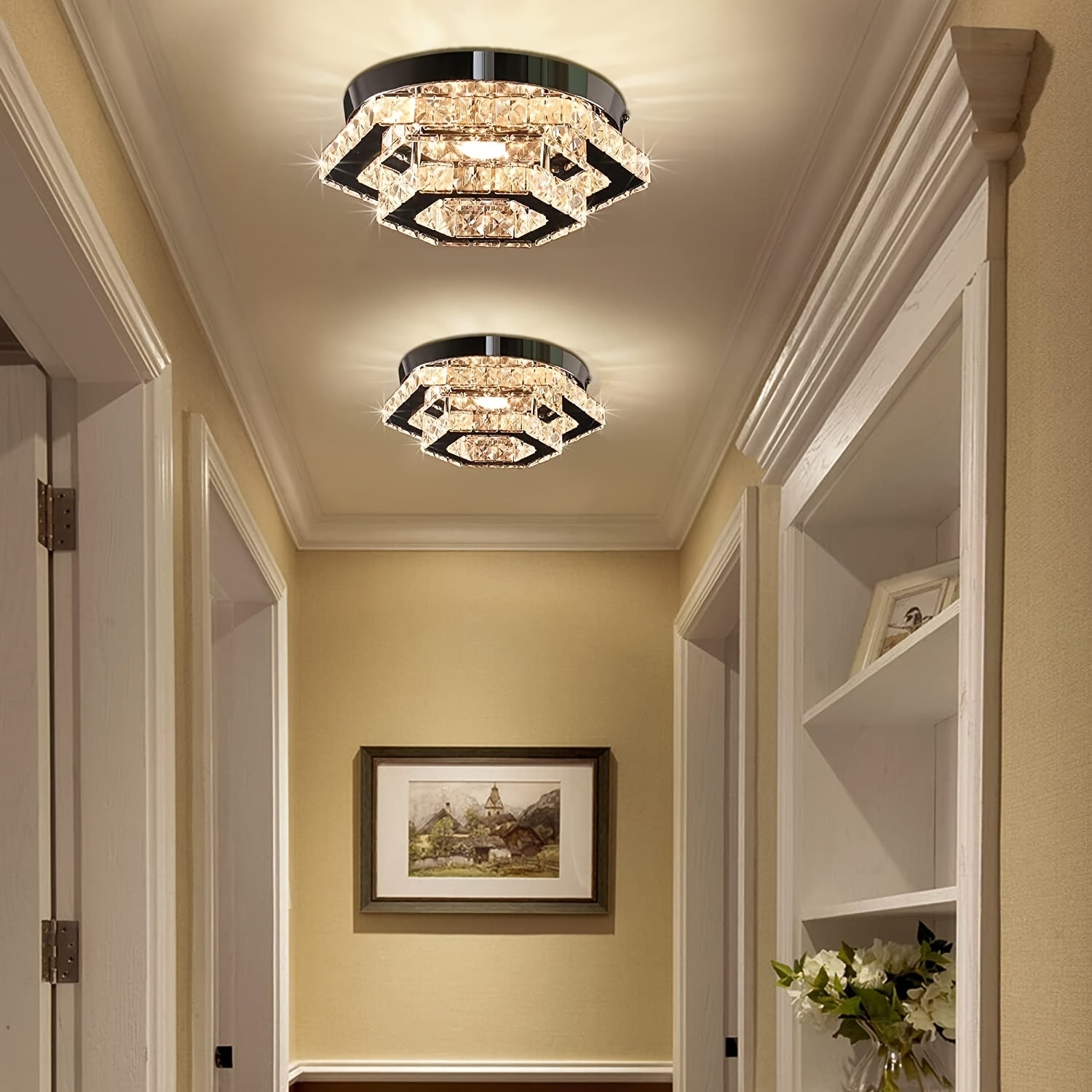 Modern Crystal Chandelier Adjustable LED Lighting Fixture Ceiling Flush Mount Ceiling Light Bedroom Living Room Dining Room Bathroom Hallway Kitchen (Adjustable Color / Remote Control)