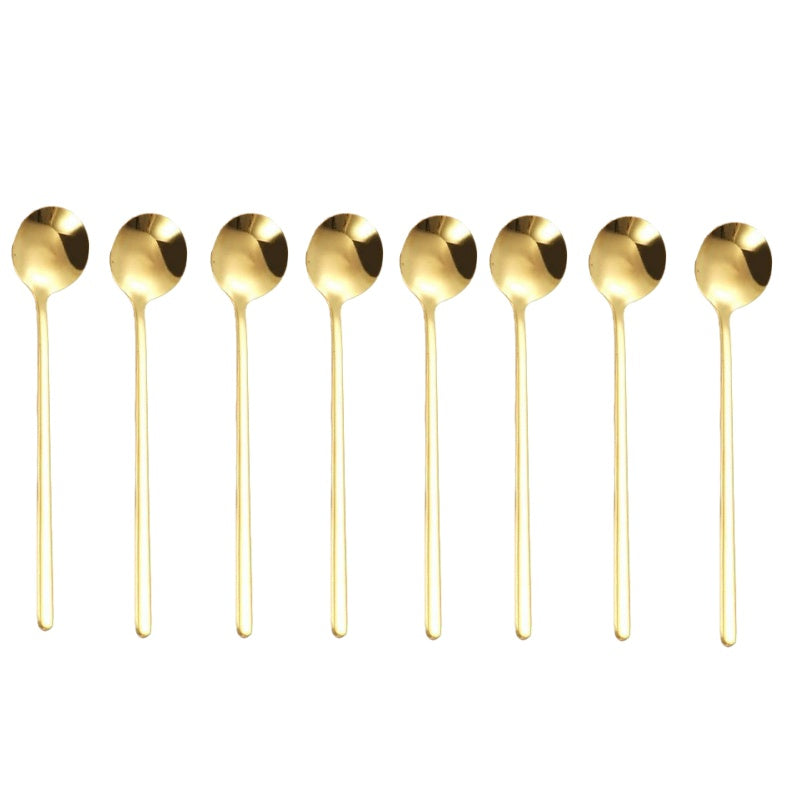 8-Piece Stainless Steel Long Handle Spoons Set - Gold Coffee Stirring Spoons & Tea Spoons, Elegant Home & Kitchen Utensils