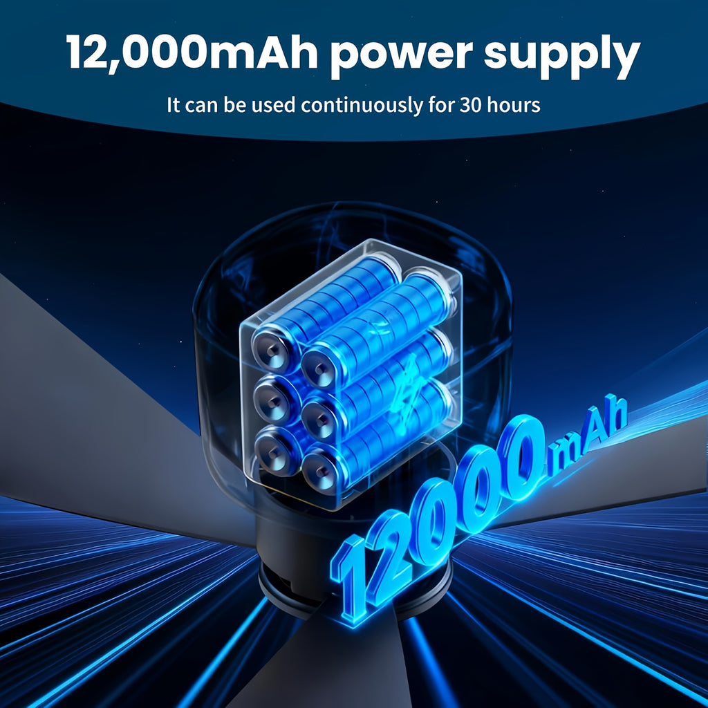 Outdoor Travel USB Charging Camping Fan, 3 Speed Adjustable, Built-in Light, 8 Hours Timer, Ultra Long 30H Battery Life 12000mAh, with Remote Control, Ideal for Patio Tent RV Use